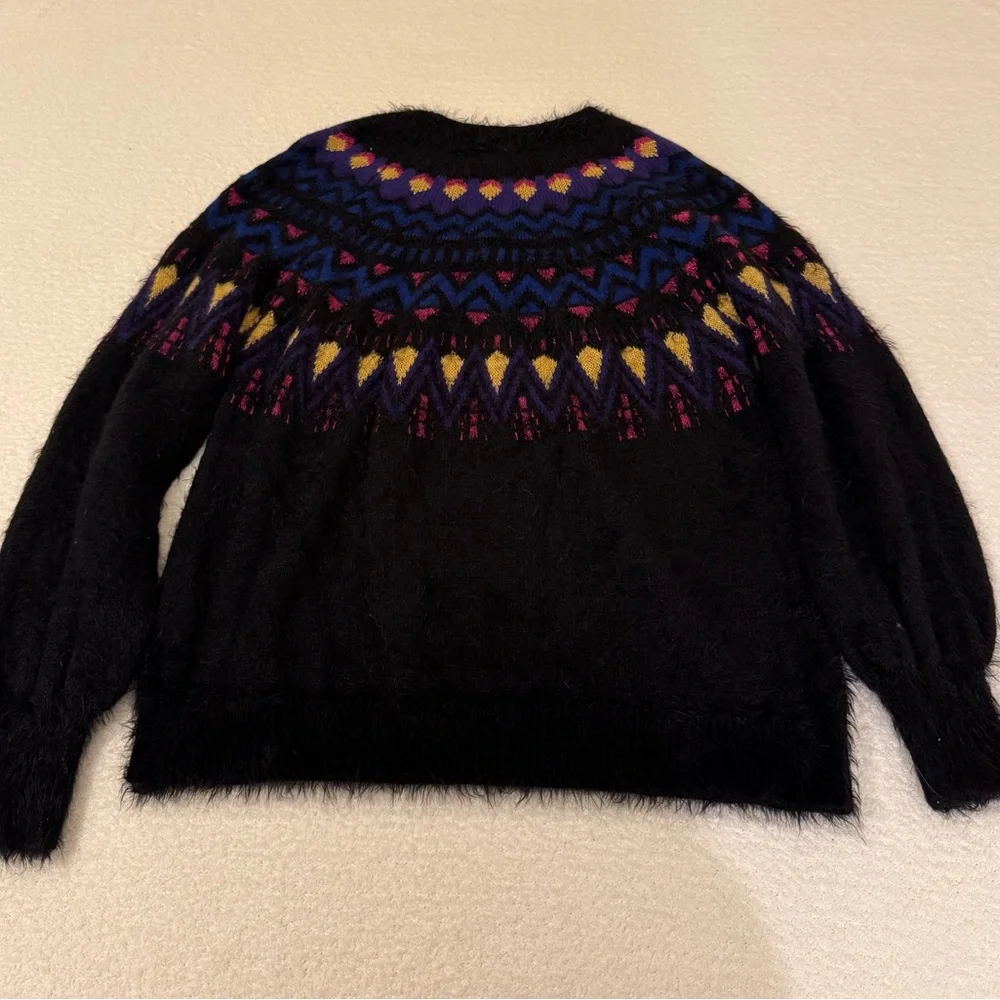 Fuzzy Fair Isle Pullover Women’s Sweater - Black with Purple Pink Gold & Blue - Picture 6 of 6